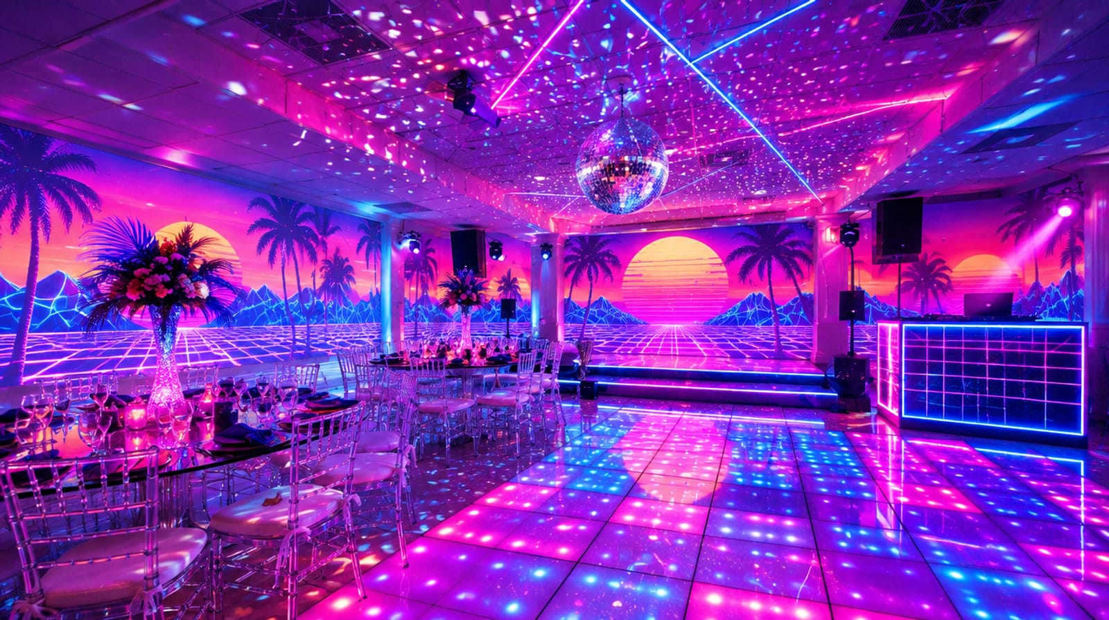 Fiesta retro con neón synthwave y pista LED