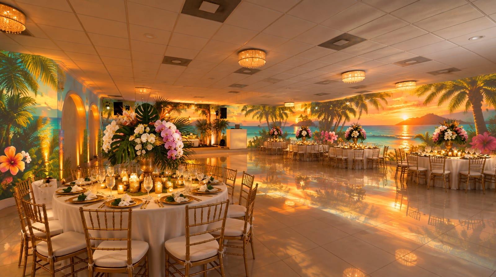 Cena de cumpleaños con paraíso tropical proyectado