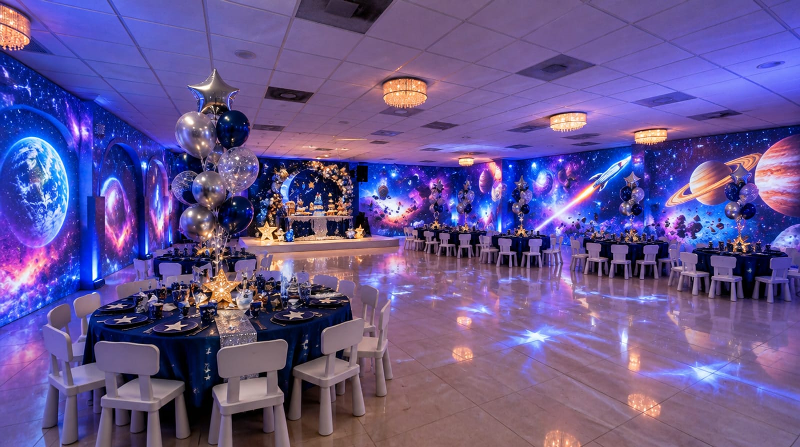 Fiesta infantil con planetas y galaxias proyectados