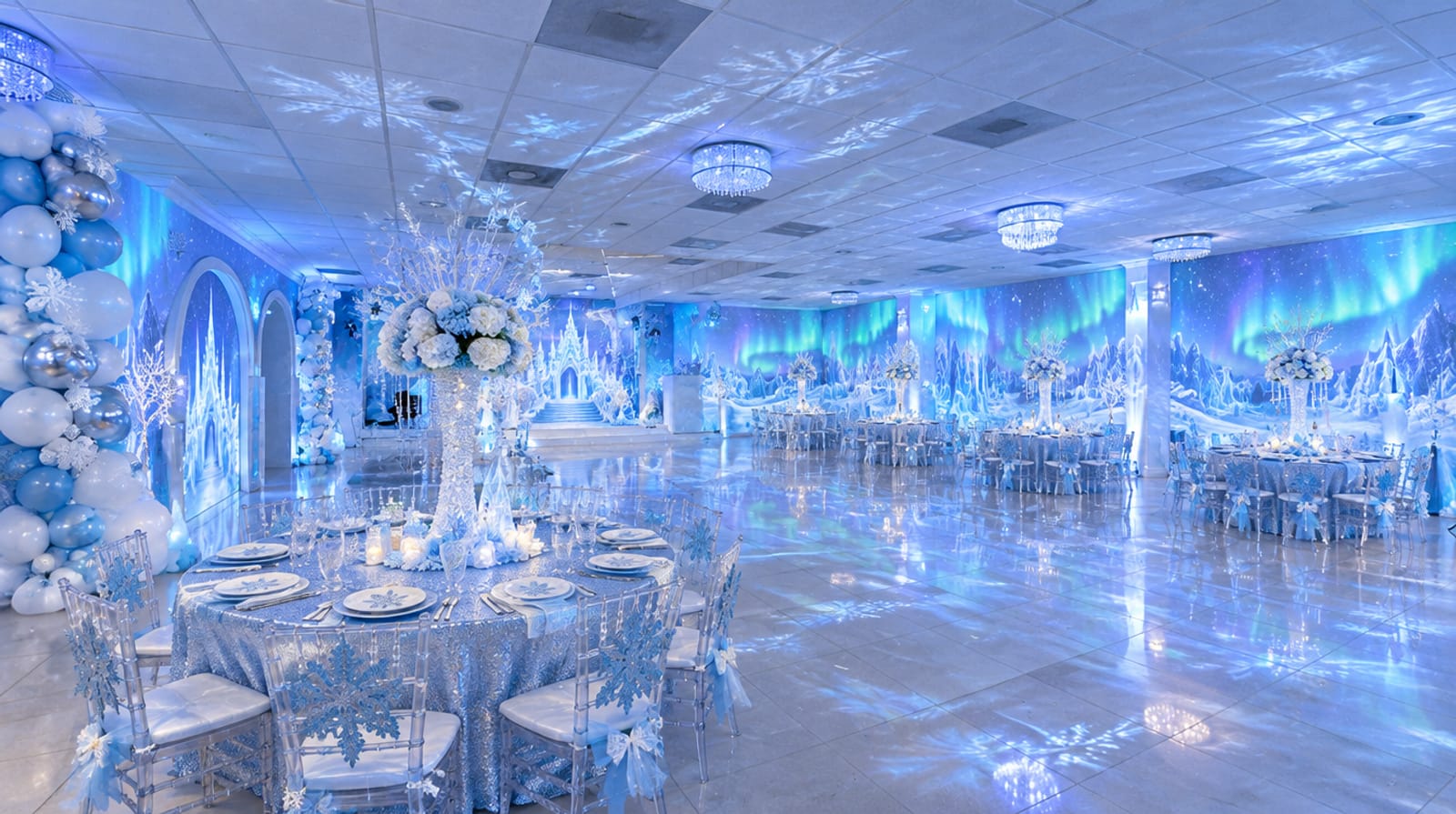 Fiesta infantil con castillo de hielo y auroras proyectados